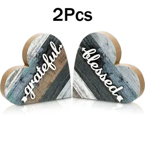 2 Pcs Rustic Table Decorations for Living Room Home Farmhouse Table Centerpieces Small Love Wooden Heart Decor for Dining Room Shelf Housewarming Gifts New House Decoration(Grateful Style)