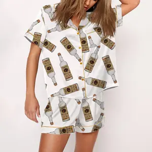 Handmade Vodka Bottle Satin Pajama Set For Women Print Comfy Satin Sleepwear & Loungewear Pjs Short Sleeve Top & Bottoms Shorts Without Pockets - SHESHOW