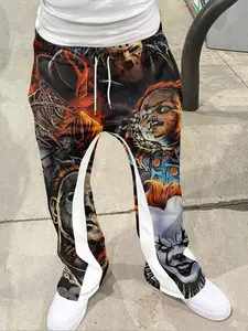 Men's Loose Fit 3D Print Geometric Bell Bottom Pants, Casual Sporty Streetwear, Vintage Style Vibe Micro Flare Flared Long Pants for All Seasons, Menswear