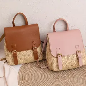 Four Colors Available - a Custom High-Quality Women'S Backpack Featuring a New Woven Texture, Designed with Dual Magnetic Clasps And a Korean-Style Contrasting Color Small Bag, Perfect for Beach Outings And Summer Trips