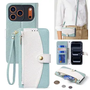 Color-blocked crossbody flip wallet phone case compatible with iPhone 17 Pro Max, 16E, 15 Pro, 14 and 13, equipped with card pouch, card holder and card slot, shockproof protective cover with durable and stylish design, perfectly suitable for daily use