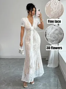 Women's Lace Mermaid Dress, 3D Floral V Neck Short Sleeve Bodycon Gown, Bar/date/wedding/party Formal Wear Atmosphere
