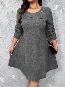 Plus Size Ribbed Button Front Long Sleeve Fitted Midi Dress Spring Fall Casual Daily Commuting Comfortable