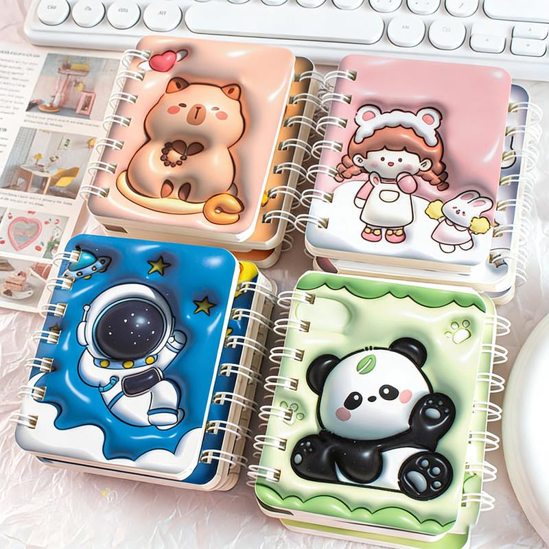 4-Pack A7 Coil Notebooks, Portable Pocket Edition, Student Cartoon 3D Effect, Office Use, Thick Anti-Ink Writing, Mini Diary, Travel Diary Notebook, Gift Idea