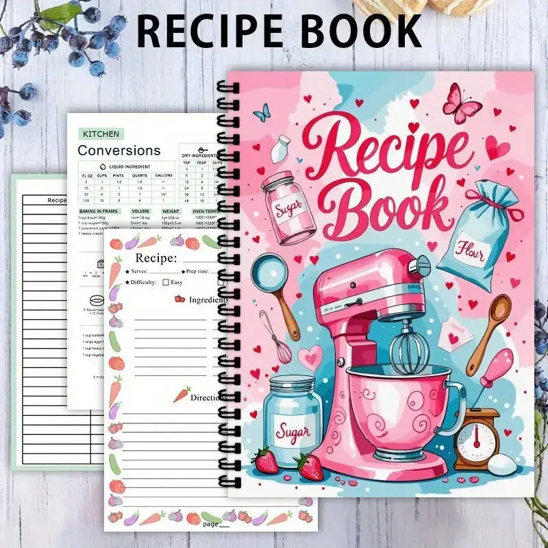 A5 Blank Recipe Spiral Coil Notebook Portable 100 Sheets Fun Recipe Logbook Record Clear Steps & Common Ingredients For Meal Prep Baking Beginners Home Cooking