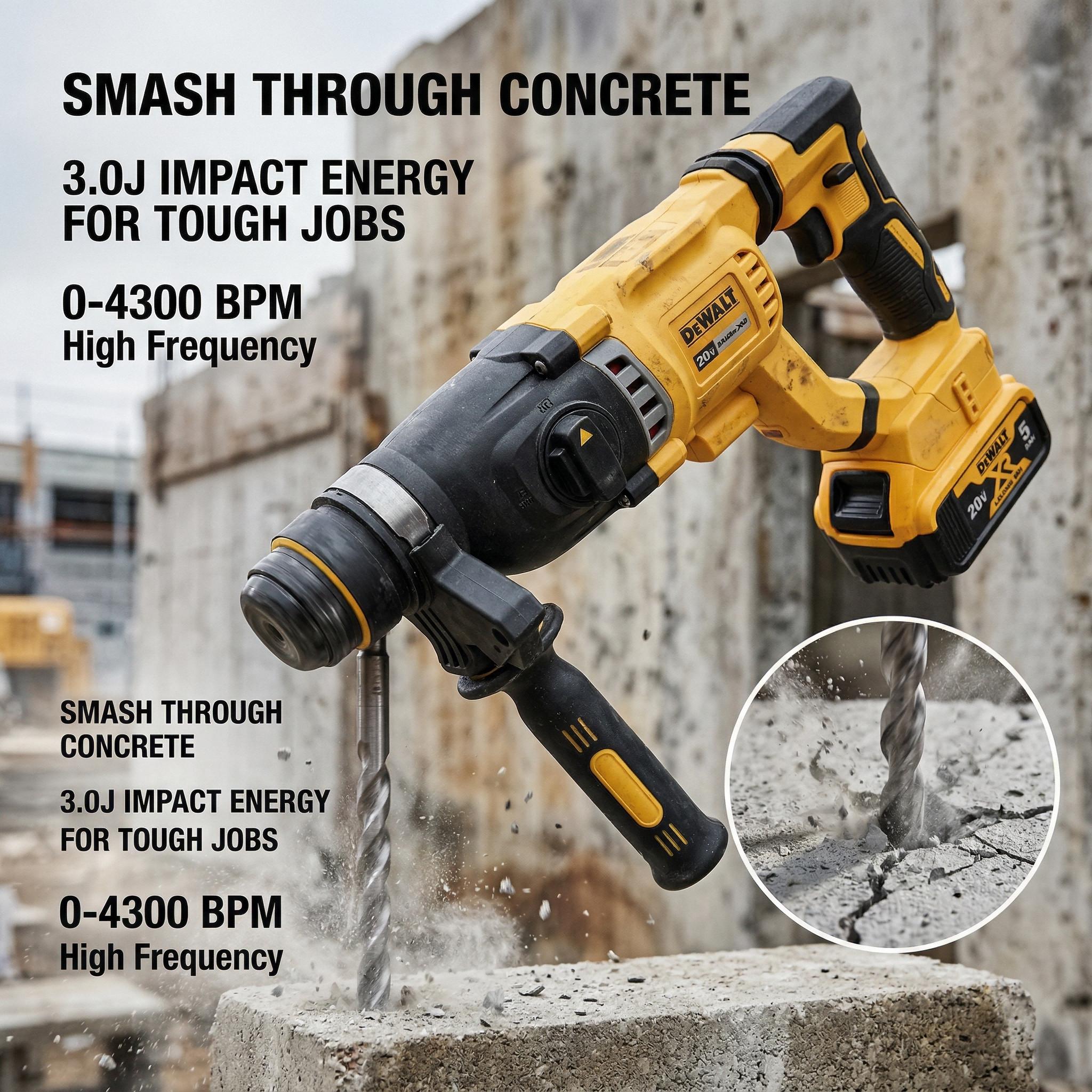 Dewalt DCH263 20V Brushless Rotary Hammer Kit – 3.0J Impact Energy for Concrete Drilling Up to 28mm – Variable Speed Trigger with 0-4300 BPM