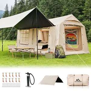 SENLEETO Complete 24㎡ Air Tent System 258sqft Blow-Up Camping Shelter with Pump AC Port Stove Vent Mesh Skylight Two-Level Luxury Glamping Cabin Easy Setup Tents
