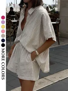Women's Casual Linen Striped Set, Loose Fit Collared Button Front Shirt & Elastic Waist Shorts, Summer Beach, Two-Piece Ensemble Beachwear