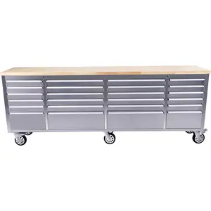 96" Rolling Tool Chest with 24 Drawers – Solid Rubber Wood Workbench Top, Locking Wheels & Key Lock – Mobile Garage Storage Cabinet, Heavy Duty Mobile Organizer for Workshop (Silver)
