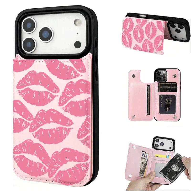 Phone Case - CYK Pink Lip Print/Wallet Card Holder, Credit Card Slot Phone Case, suitable for iPhone 17 16 15 14 13 12 PRO MAX PLUS, AIR Phone Case, Samsung Galaxy S22/S23+ S24 Plus/S25 Ultra, Fashionable Trendy Phone Protective Case for Women and Girls
