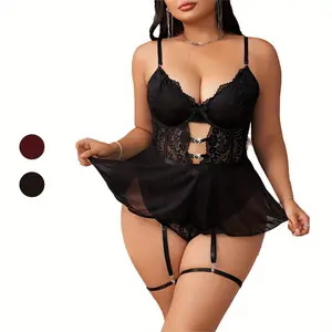 Plus Size Lingerie for Women 4-Piece Lace Babydoll Set Heart Cutout Bodice Sheer Skirt Teddy Bodysuit with Garter Belts Curvy Romantic Sleepwear Date Night Bridal Honeymoon Boudoir Outfit Spring Bachelorette Party Sizes 1XL-4XL Black Burgundy