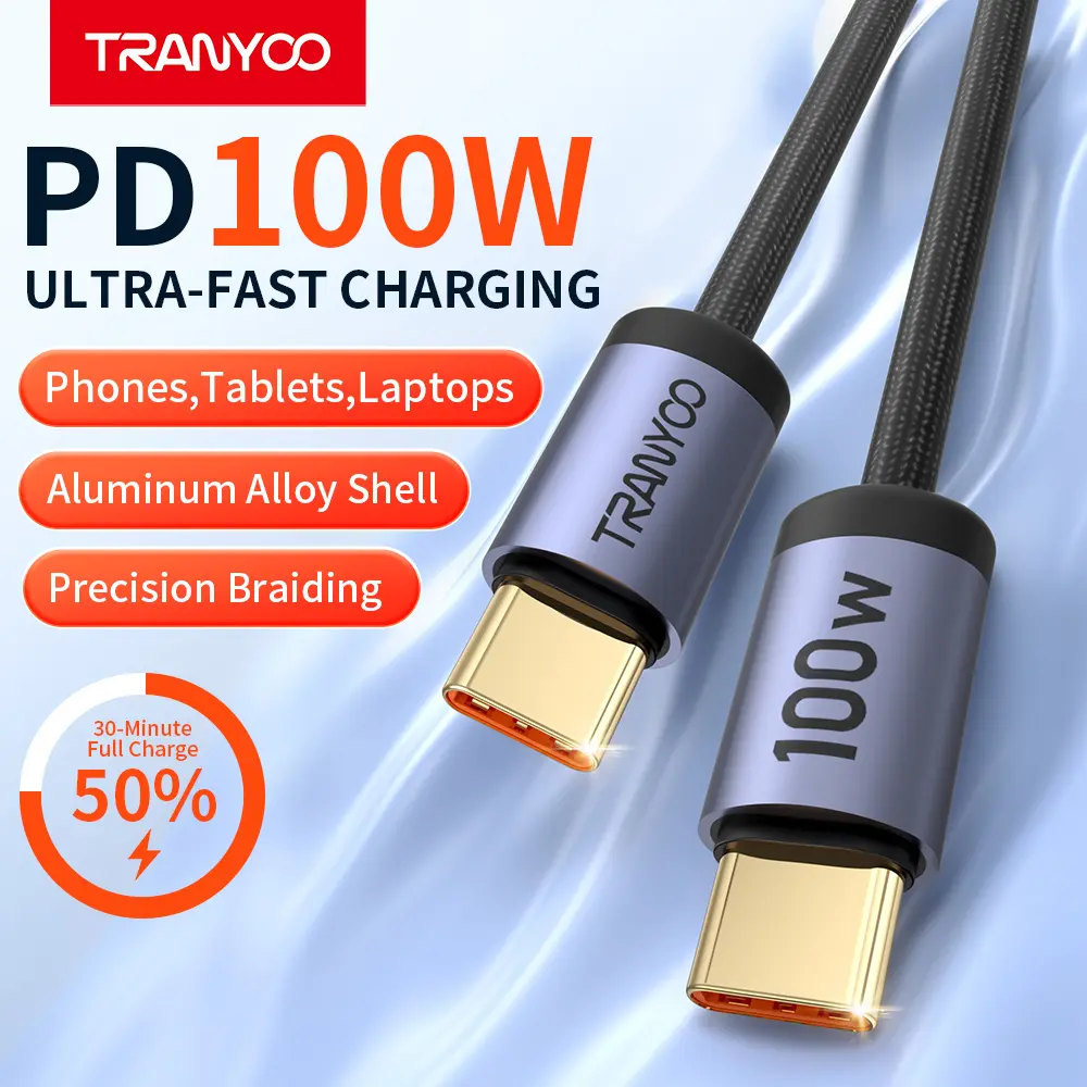 TRANYOO T-CC-4 100W USB-C Fast Charging Cable 2M, PD 5A E-Marker, 48-Braided Nylon Cord with Aluminum Alloy & Gold-Plated Connectors, Fast Charge for Laptop, Tablet & Phone