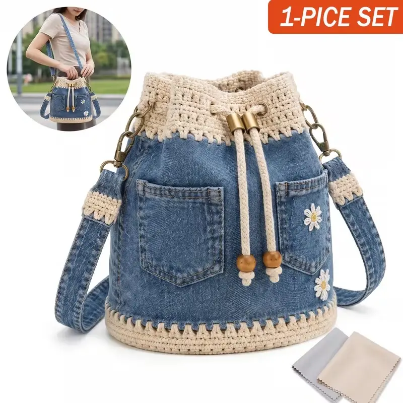 Denim Crochet Bucket Bag for Women, Drawstring Crossbody Shoulder Purse with Adjustable Strap, Boho Vintage Handbag for Travel, Shopping, Beach, And Daily Use