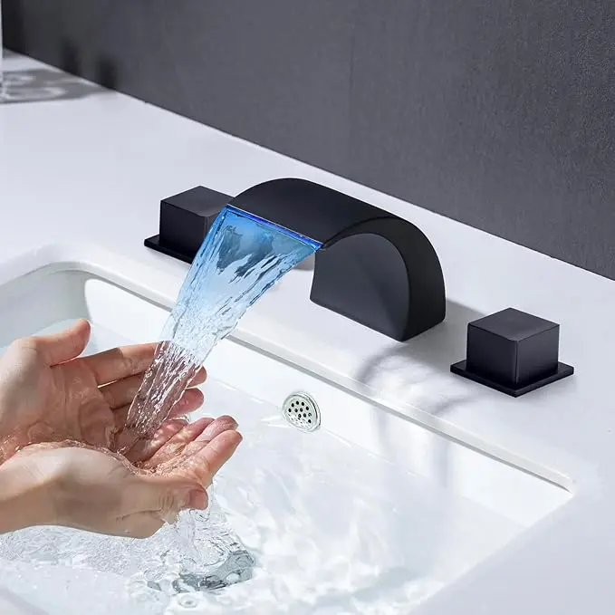 8 Inch Widespread LED Bathroom Sink Faucet with Dual Square Handles, Waterfall 3 Holes Bathroom Faucet, Modern Vanity Basin Lavatory LED Faucet, Mixing Hot Cold Hose, Matte Black