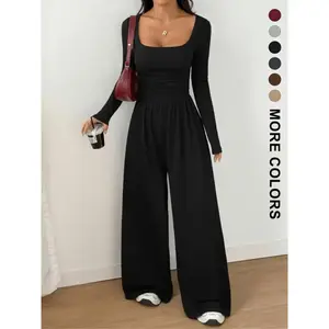 Women's Fall Winter Knit Wide Leg Jumpsuit, Casual Fashion Solid Round Neck Long Sleeve One-Piece