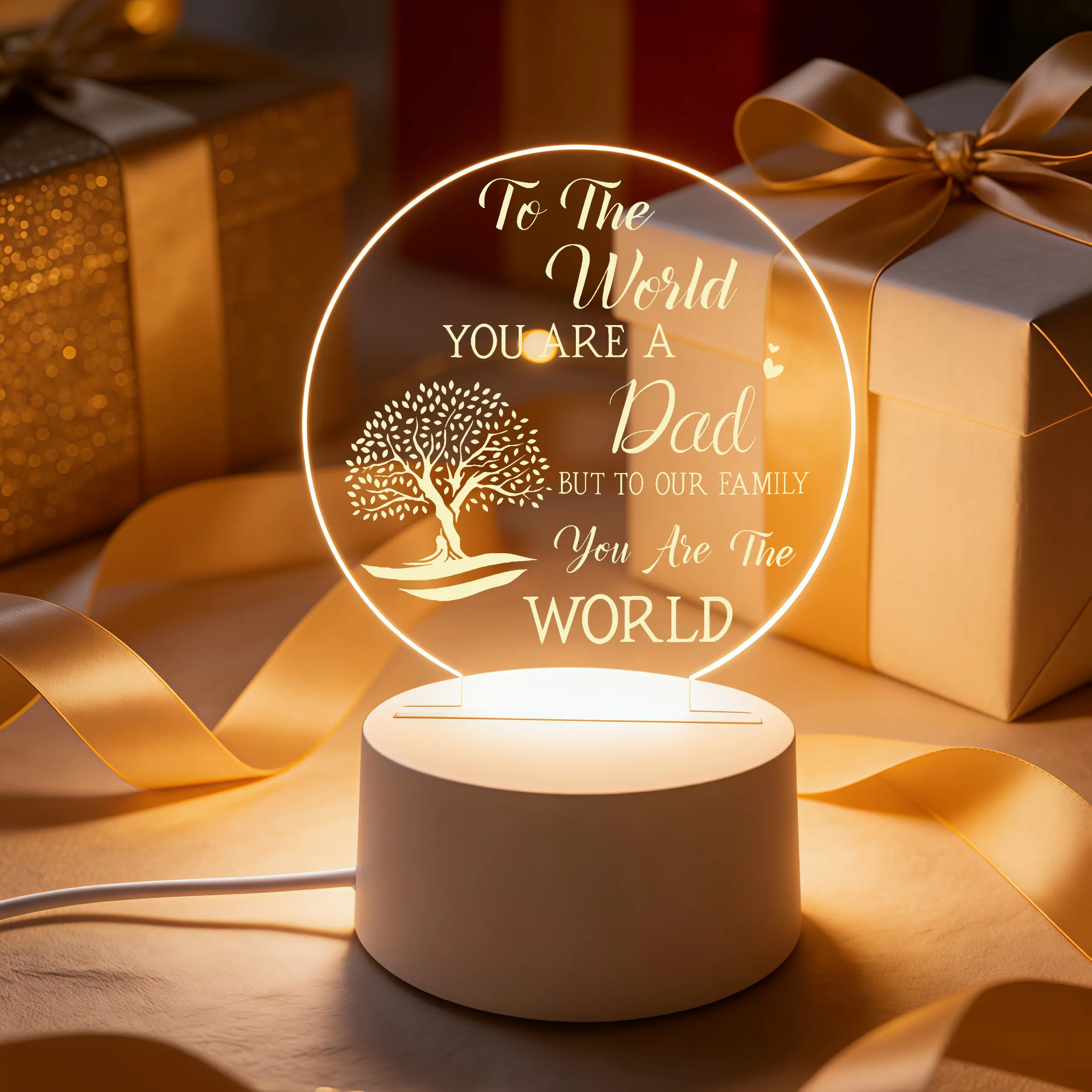 Round Engraved Acrylic LED Night Light - Dad Keepsake Gift with Tree Quote, Bedroom Desk Lamp, Led Lights Bedroom Decor for Father’s Day Birthday, Lights For Bedroom