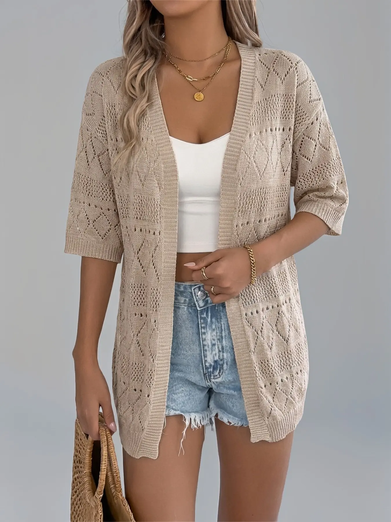 Women Beach Crochet Lace Knit Cardigan Cover Up Solid Summer Vacation Ready