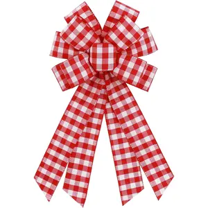 Large Red White Buffalo Plaid Wreath Bows, Farmhouse Burlap Bow for Wreath Rustic Crafts Decorative Hanging Ornament Bow for Indoor Outdoor Wedding Holiday Birthday Party Decorations
