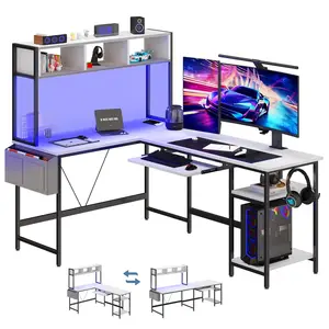 67IN L Shaped Reversible Gaming Desk with Led Lights Corner Table Keyboard Tray Side Bag Storage Shelf Wood Table for Office