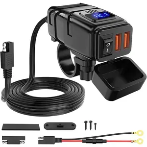 Motorcycle Charger with 12V Voltmeter Independent On Off Switch SAE USB Adapter Inline 10A Fuse Waterproof 6.8A Dual QC3.0 Fast Charging Phone Tablet for 7/8inch Handlebar ATV Port Device Installation hand gestures Led Mount Motorbike