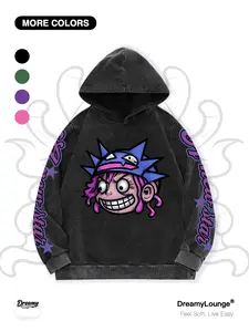 Exaggerated Hair Cartoon Design Hoodie, Cotton Blend, Vintage Washed Style, Loose Fit, Casual Breathable, Perfect for Outdoors or Home Wear