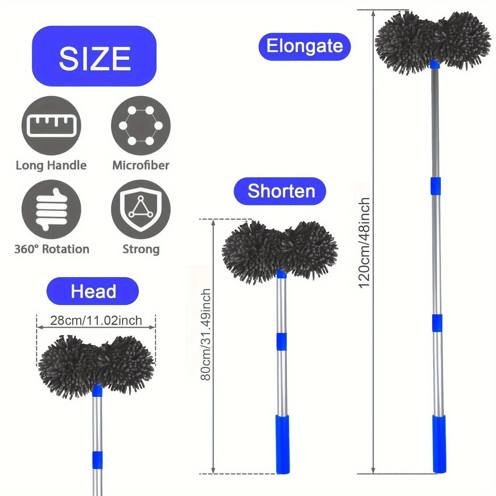 Long-Handled Microfiber Scrub Brush for Cars - 360° Rotation Double Heads, Chenille Bristles, Paint-Safe Sponge, No Battery Required Buff Shine Brushes & Dusters