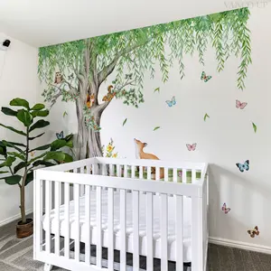 Set of 4 Hand-Drawn Hanging Tree Animal Wall Stickers, 30x90cm, Decorative Wall Sticker, Home Decor for Living Room & Bedroom, Easy-To-Apply Background Decals