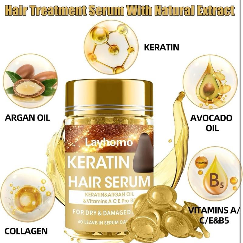 Keratin Hair Treatment Serum with Argan Oil & Vitamins A C E Pro B5 - Leave-in Anti Frizz Conditioner for Dry Damaged Hair - 40 Capsules Repair Haircare