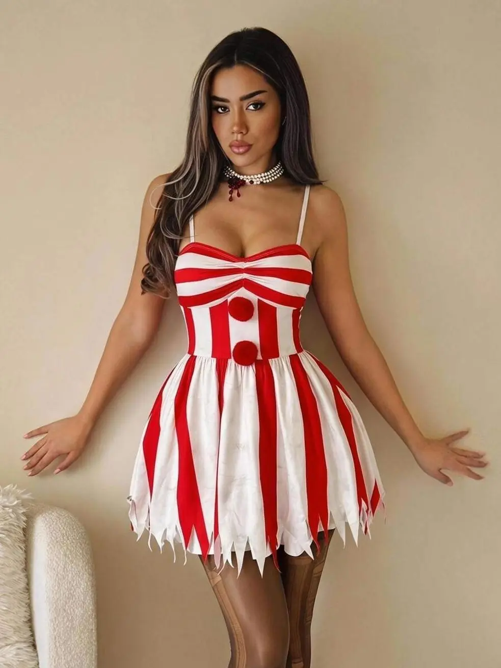 Women's Halloween Clown Costume Dress, White Red Color Block, Asymmetrical Hem Puff Sleeve A-Line Party Dress