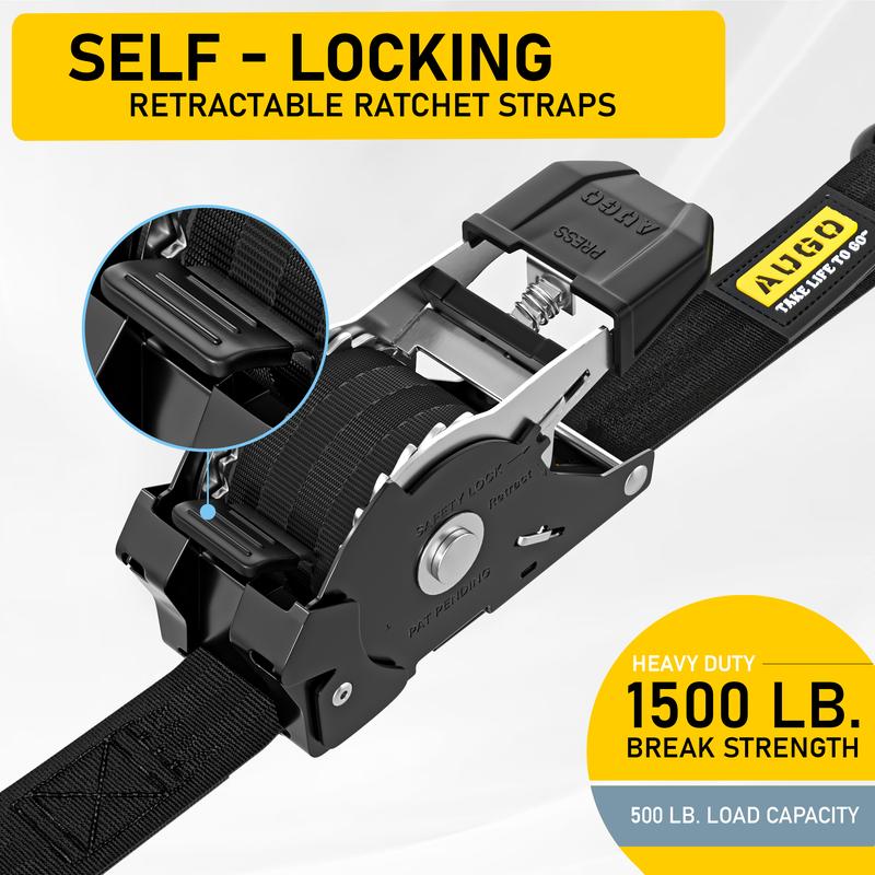 AUGO Self-Locking Retractable Ratchet Straps 4 Pack 1500Lb Break Strength 12 Ft Webbing with Soft Loops & Storage Bag for Motorcycle Truck Cargo
