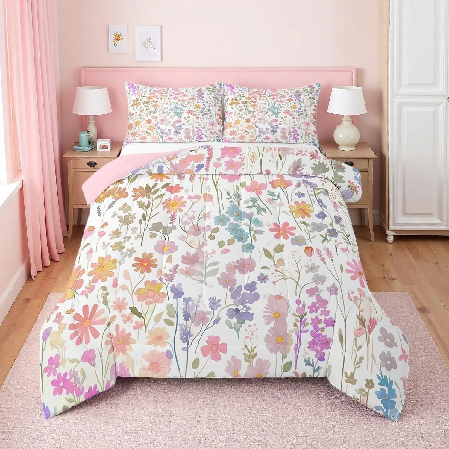 Feelyou Multi-Size Soft, Decorative Bedroom Bedding Set - Cute Pink Floral Boho Watercolor Rustic Farmhouse Queen Comforter Set, Decorative Bedding Set