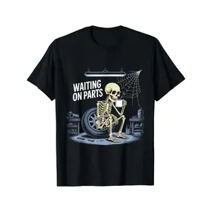 Funny Waiting on Parts Mechanic Skeleton Auto Repair Life T-Shirt for Men & Women, Trendy Cotton Short Sleeve Street Style Comfort Tee, Breathable Elastic Cotton, Regular Fit, Machine Washable, Casual Summer Must-Have
