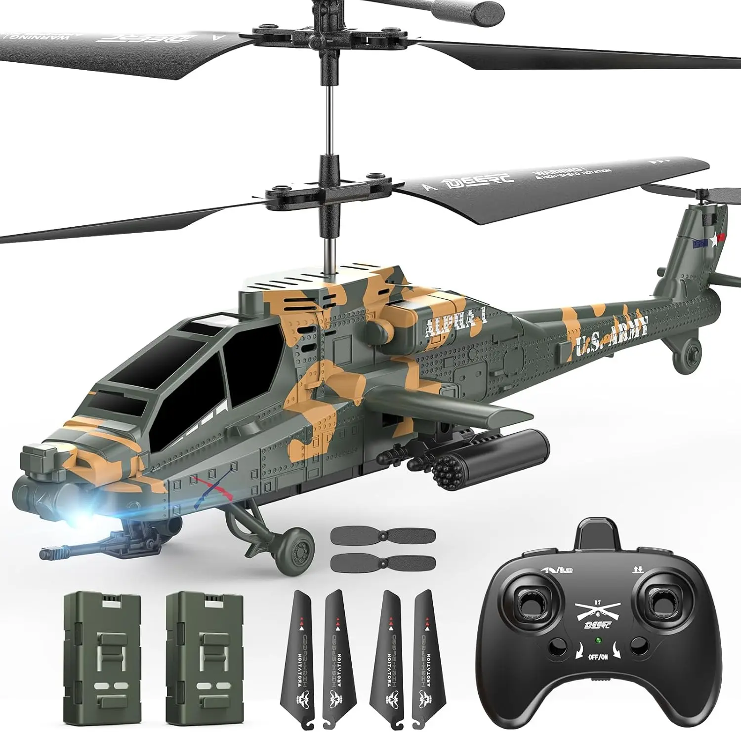 DEERC Apache RC Helicopter, Remote Control Helicopter, Helicopters Toy with 26 Mins Flight Time (2 Batteries), LED Lights, Altitude Hold