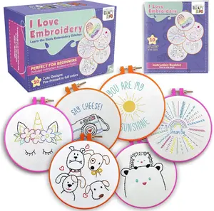 10 Pre-Stamped Embroidery Patterns for Beginners Embroidery Kit for Kids Girls Needlepoint Cross Stitch Craft Sewing Perfect for Ages 7-13