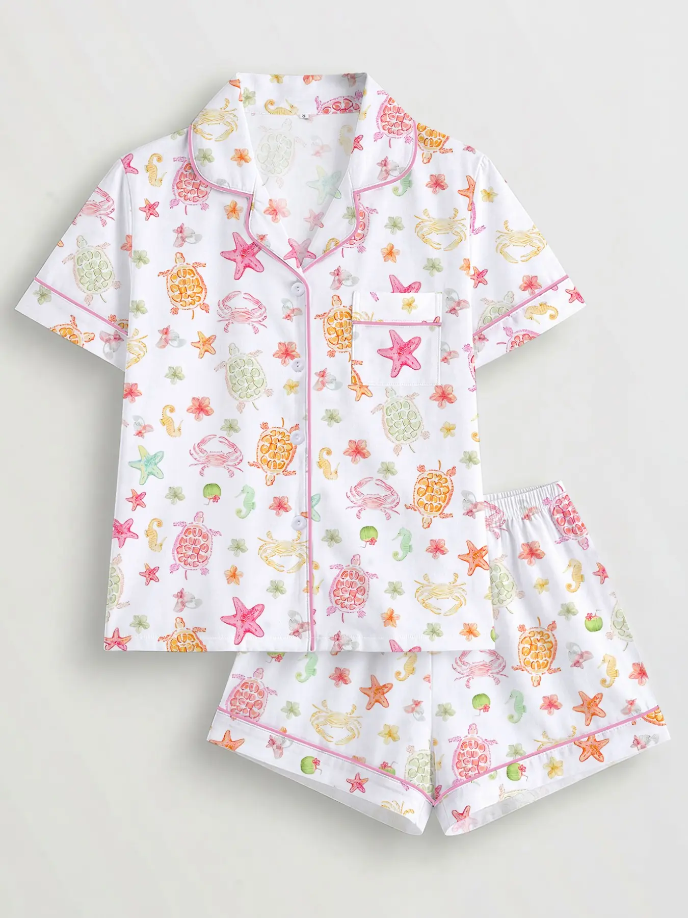 Women's Summer Pajama Set, Ocean Theme Turtle Star Crab Print, Short Sleeve Button Down Top & Elastic Shorts, Casual All-Season Sleepwear