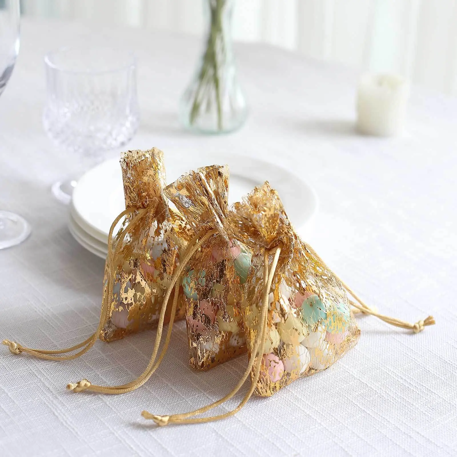 12 Pack Metallic Gold Foil Polyester Drawstring Candy Bags, Wedding Party Favor Bags & Gifts - 4"x5" Festive Party Supplies, Party Favors, Goodie Bag Ideas
