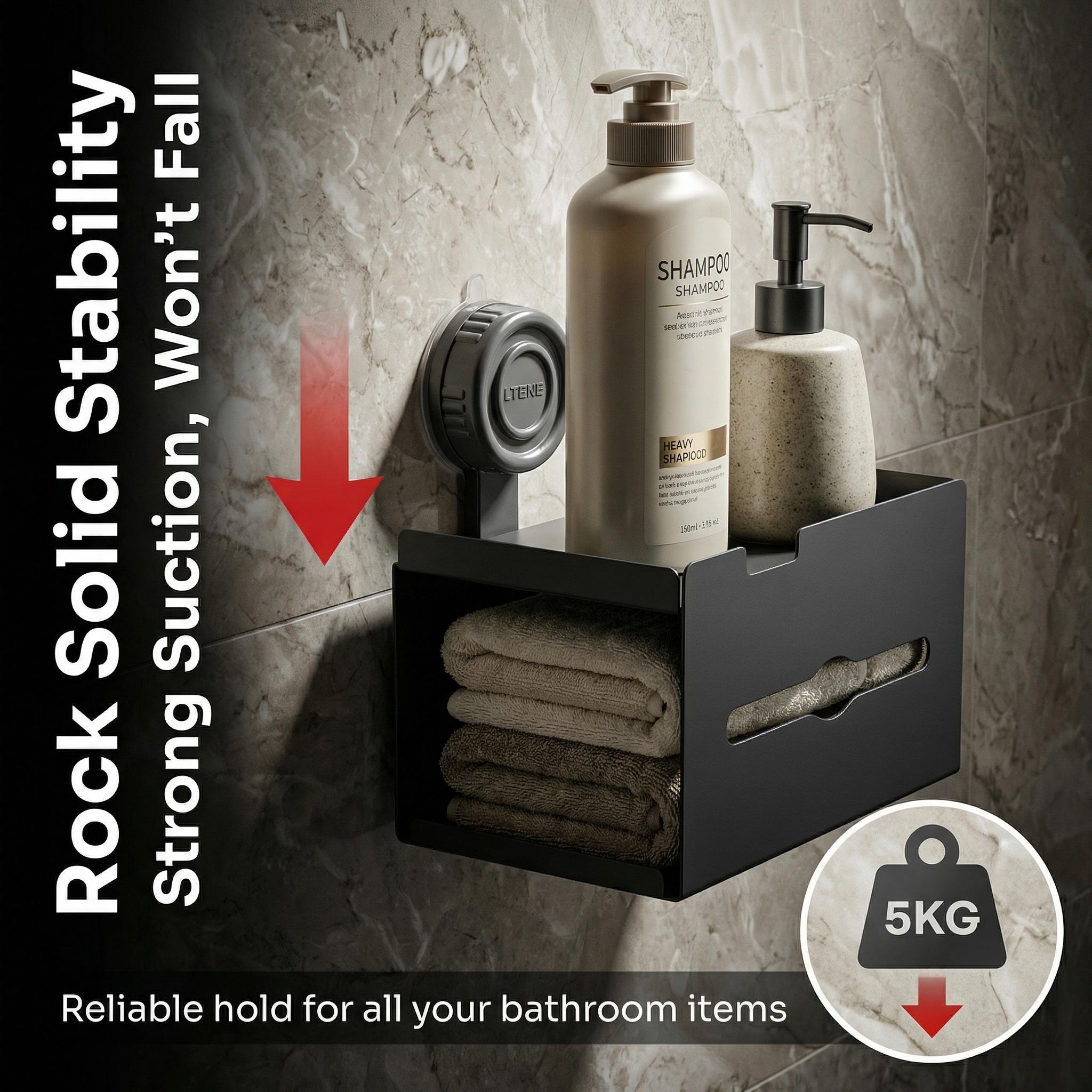 Suction Cup Toilet Paper Holder with Shelf, No Drill Bathroom Organizer, Heavy-Duty Vacuum Suction, Rustproof Space Aluminum, Matte Black Wall Mount Tissue Dispenser for Bathroom, RV, Rental Friendly