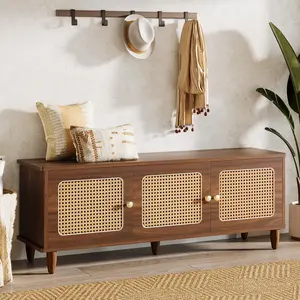 Tribesigns 55" Shoe Bench With Lift Top Storage for Entryway, 3-Door 2-Tier Rattan Cabinet, Hidden Shoe Space