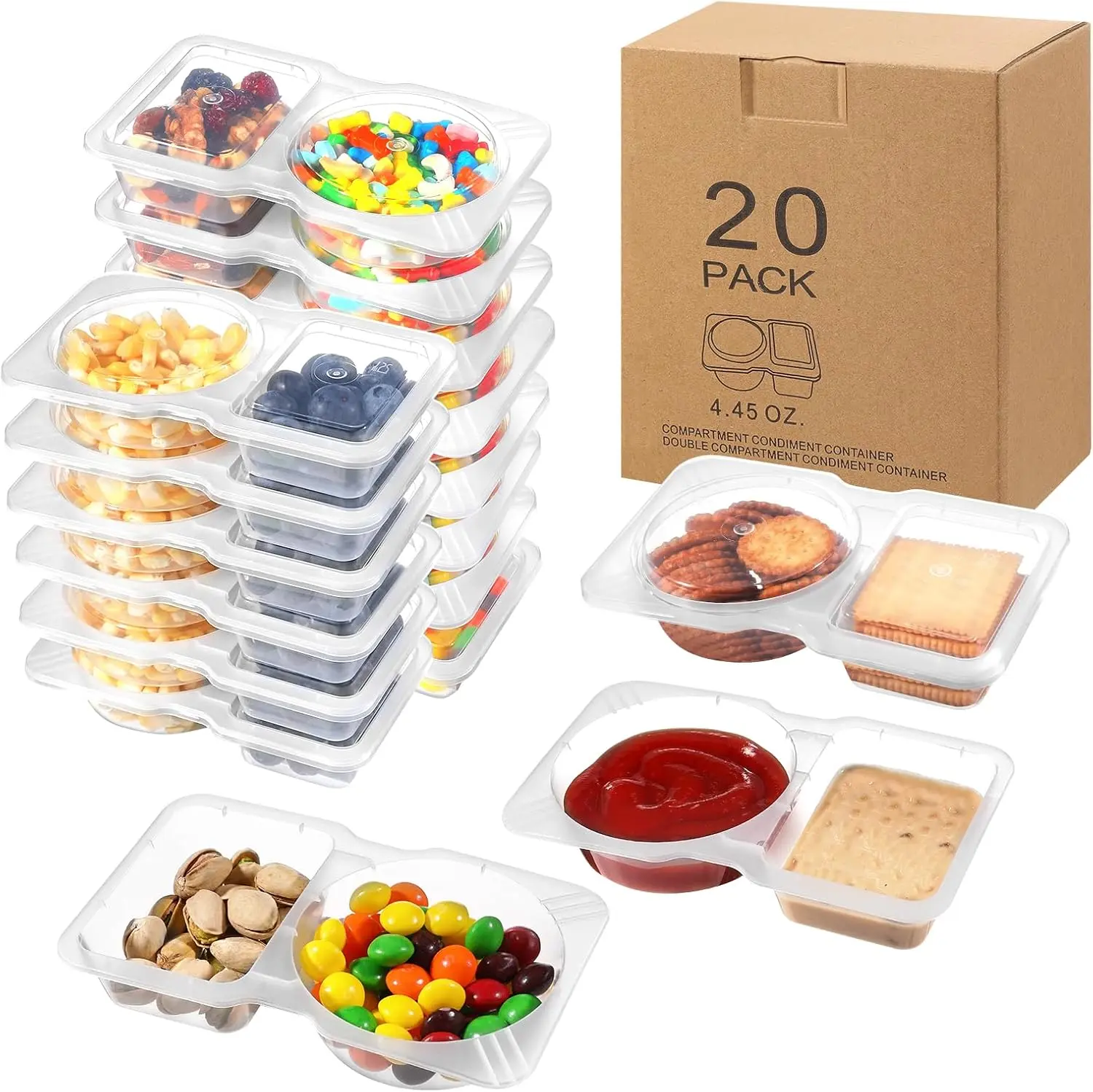 20 Pcs 2 Compartment Food Containers with Lids - BPA Free Meal Prep Containers, Leakproof Snack Containers for School Lunch, Picnic & Kitchen Storage