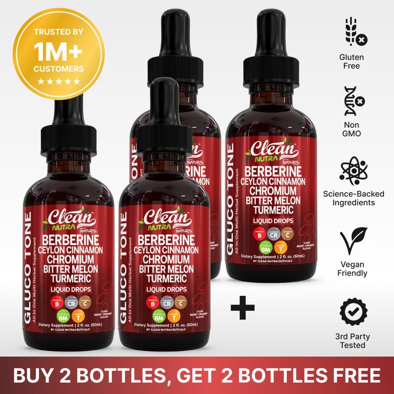 Clean Nutra BOGO Organic Ceylon Cinnamon, Berberine, Bitter Melon, Glucomannan, Chromium, Turmeric, Organic Panax Ginseng, for Clean Fitness and Blood Sugar Supplement Liquid Drops – Gluco Tone
