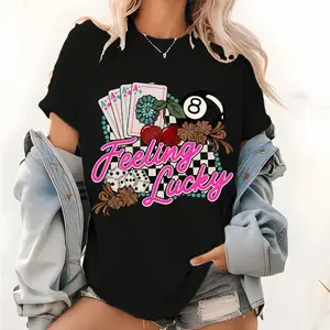 Feeling Lucky Print T Shirt, Retro Desert Shirt Vegas Girls Trip Boho Hippie Clothes Western Lucky Cowgirl Cowboy Pattern Tops Gorgeous Flat