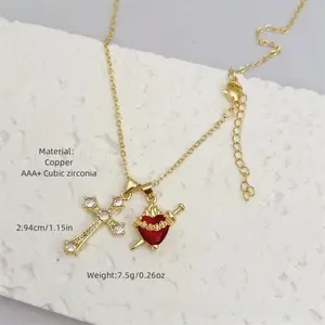 Multi-style 18K gold-plated copper necklace with full diamond zirconia cross and red heart combination, original cross-border new product aA10104-XL