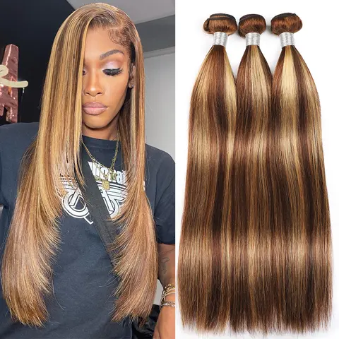 Highlight Hair Bundles for Sew in P4/27 Straight Quick Weave Bundles Brazilian Human Hair Highlight Honey Blonde Bundless For Women