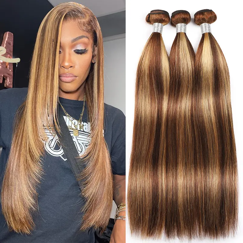 Highlight Hair Bundles for Sew in P4/27 Straight Quick Weave Bundles Brazilian Human Hair Highlight Honey Blonde Bundless For Women
