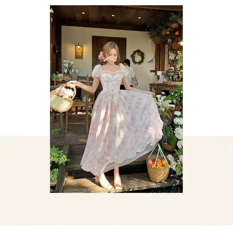 Square Neck Pink Fairy Dress, 2025 Summer New French Court Retro Puff Sleeve Midi A-Line Square Neck Pink Fairy Dress, 2025 Summer New French Court Retro Puff Sleeve Midi A-Line