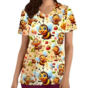Women'S V-Neck Printed Short-Sleeve Nurse Uniform Scrubs