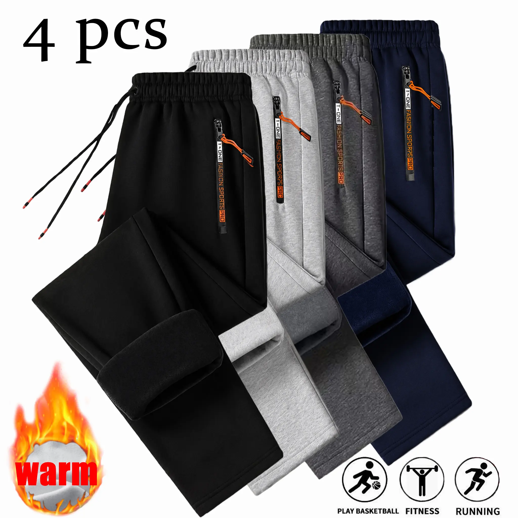 Multi-Pack Available Men Plush Lined Thermal Winter Sweatpants, Elastic Drawstring Waist Zip Pocket Athletic Pants, Thick Durable Washable Trousers for Sports Casual Daily Life