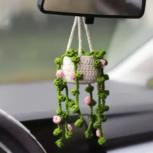 Handmade Crochet Hanging Planter Ornament, Bohemian Style Keychain Pendant, Cute Car Rearview Mirror Decor, Multiple Styles Available