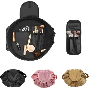 Drawstring  Bag for Women - Barrel Drawstring Cinch Makeup Bag Open Flat Toiletry Bag for Travel with Brush Area (Black)