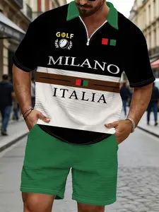 Men's Italian Milan Golf Printed Waffle Texture Polo Set, Vintage Style Short Sleeve Shorts, Casual Summer Two-Piece